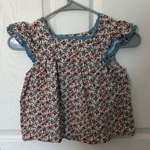 Charming Floral Kids 3T Blouse with Blue Trim